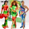 Casual Dresses CM. Women One Shoulder Long Sleeve Mermaid Printed Bodycon Maxi Dress 2024 Summer Evening Sexy Party Club Prom