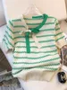 Summer Contrast Stripe Short sleeved Tshirt Womens Garden Neck Tie up Bow Knitted Shirt Top 5162 240403