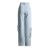 Women's Jeans Light Blue Washed High Waisted Workwear For Autumn/winter 2024 Fashion Zippered Large Pocket Pants