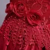 Elegant Princess Lace Dress Kids Bourgogne Flower Girl Dresses Vintage Children for Christmas Party Red Ball Gown 240401