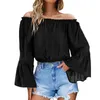 Kvinnors blusar Sexig svart av axelblus Elegant bloss ärm Ruched Shirts For Women slash Neck Solid Color Office Party Party Party