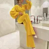 Spring Design Puff Sleeve Knappade toppar FLARED PANTS SUITS Fashion Elegant High Street Commute 2 Piece Set Women Outfits 240321