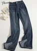 Kvinnors jeans yitimoky för kvinnor 2024 mode streetwear folds wide ben boot cut pant vintage casual split full längd y2k