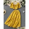 Vestidos de trabalho Summer Mulheres Amarelo/vermelho/branco Hollow Out Duas peças Conjunto de colarinho quadrado vintage Tops de manga curta alta cintura A Midi Dro dhqgv