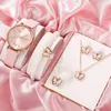 Wristwatches Quartz Movement Watch Set Butterfly Pendant Faux Pearl Jewelry With Adjustable Strap Lady's Bracelet Necklace For Her