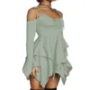 Casual Dresses Retro Milk Silk Patchwork Off The Shoulder Long Sleeved Irregular High Waisted Suspender With Ruffle Edge Dress