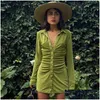 Basic casual jurken Turn Down Collar Green Women Shirt Club Party Lange Mouw Button Mini Dress Holiday 2022 Spring Streetwear Dro DH5MA