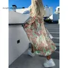 Casual 2024 Jurken Basic Boho Floral Print Long Jurk Women Sexy Deep V-Neck Sleeve High Split Swing met riem Elegant Beach Vestidos 230531