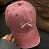 Ball Caps Ball Caps Pink Bow Baseball Cap For Women Y2K Korean Washed Denim Snapback Hat Summer Adjustable Embroidered Girls Dad HatsQ240403