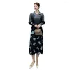 Work Dresses ALSEY Miyake Pleated Simple Fashion Plus Size Skirt Set Fall Two Piece Printed Vest Dress Suit Collar Jacket Women