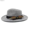 Brede rand hoeden emmer fedora hoed heren casual vintage boog veerband jazz uk derby luxe trilby vilt yq240403