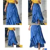 Womens Plus Size T-Shirt Women Denim Skirt A-Line Elegant Streetwear Party Club Y2K Vintage Plain Ruffle Hem Knot Waist Maxi 2023 New Dhw71