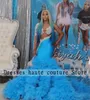 Party Dresses Sexy Sky Blue Tulle Mermaid Prom 2024 för svarta flickor med kristallapplikationer kväll långa ärmar klänning