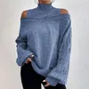 Camisolas femininas Turtleneck Sweater Autono malha de manga comprida Tops de moletom com ombros abertos Pullovers macios e confortáveis loungewear