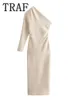 TRAF Asymmetrical Long Dresses For Women 2024 Fashion One Shoulder Sleeve Midi Elegant Dress Female Sexy Party 240323