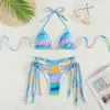 Women's Swimwear Edge bikini gradient swimsuit beaded wild sexy shoulder strap swimsuit womens mini T-ring hollow two-piece beach swimsuit J240403