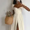 Casual Dresses 2024 Short Puff Sleeve Midi Sexig Split Low Cut White Dress Night Club Party Bodycon A Line Women Long Vestidos