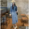 Basic lässige Kleider Vintage Langes Kleid Frühling koreanischer Hemd Hemd Turndown Kragenverstärkungshülle Lose Jeans Taschen für Frauen fallen DH5IH