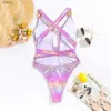 Damskie stroje kąpielowe seksowne błyszczące wielokolorowe fioletowe stroje kąpielowe One Piece Swimsuit Kobiet Kościenny Kącik Kąpienia DP V Neck Backless Monokini Bathers Y240402