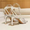 Dress Shoes Luxury Rhinestones Pearls Chains dames sandalen mode gekruiste hoge hakken gladiator sandalen bruiloft Bridals zomer H240403GB9L