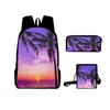 Sac à dos jeune noix de coco 3D imprime 3pcs / ensemble Sacs de voyage étudiant ordinateur portable sac à bandoulière crayon crayon