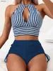 Frauen Badebekleidung Fashion Hohlout Bikini 2024 Frauen Streifen solide Badebekleidung sexy hohe Taille Schwimmwäsche weibliche Badeanzug Strandbekleidung Sommer Y240402