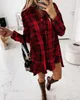 Casual Dresses Women Elegant Plaid Print Buttons Irregular Party Dress Office Lady Turn-Down Collar Shirt Loose Mini Vestido SX32