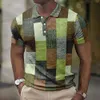 Mens Fashion Trend Polo Shirt Digital Print Checkered Block Color Short Sleeve Polo Collar Set