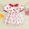 Tregren småbarn baby flicka valentiner dag klänning kort ärm docka krage hjärttryck tyll söt aline 240403