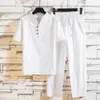 Heren T-shirt van katoen en linnen met korte mouwen, enkellange broek, effen overhemd, broek, thuiskostuum, herenmaat S-3XL 240401