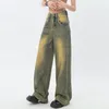 Damskie dżinsy vintage żółte gliniane kolor stary umyty 2024 Moda streetwearu Wysoka talia luźne spodnie nogi proste