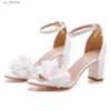 Klädskor kvinnor klackade sandaler bröllop blomma spänne rem pu 7cm fyrkantig häl fotografering elegant kvinnors sko mode pumpar h240403