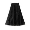 Юбки High Street Sequin Skirt Women Spring Summer Tulle для талии длинно плиссированный черный бежевый макси