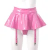 Urban Sexy Dresses Sexy Womens Shorts Miniskirt Wet Look Clubwear Glossy Patent Leather Ruffle Mini Skirt Built-in Thongs Garter Belts Metal Clips 2443