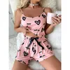 Accueil Vêtements Femme Satin rose Shorts Shorts Sling Sleepwear Two Piece Cosses Chérie Fashion Coeur Imprimé Pijama Femme Sexy Nightwear