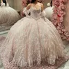 Sparkly Champagne QuinCeanera Dress 2024 Ball Gown Applicies Beading Feather Tull Sequines Puffy Kirt Sweet 15 16 Dress Vestidos