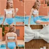 One-Pieces 2Pcs Bikini Swimwear Kid Girl Swimsuit Smocking Lace White Vest Solid Color Sling High Waist Blue Triangle Shorts Swimming Dhlch