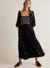 Gypsylady Floral Embroidery Maxi Dress Spring Autumn Long Sleeve Loose Boho Women Ruffles Casual Holiday Tiered Ladies Dresses 240320