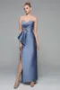Elegant Long Blue Satin Mother of the Bride Dresses With Slit Sheath Sweetheart Neck Godmother Dresses Formal Party Gown Floor Length for Women