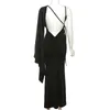 Party Dresses Sexy Backless Prom Dress V Neck Casual Elastic Long Maxi Evening Gown Full Trumpet Sleeves Robes Plus Size Skirt