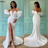 Sweetheart Modern White Mermaid Wedding Dresses With Puffy Sleeves Sexy Thigh Split Buttons Chic Bridal Gowns Sweep Train Women Bride Formal Robes de Mariee CL3451
