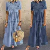 QNPQYX Retro Denim Dress Women Spring Summer Dress Female Fashion Loose Blue Dress Collar Pockets Short Sleeve Boho Vacation Maxi Dress