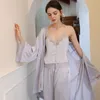 French Style Sling Pyjamas Women's Three-Piece Set Spring and Summer Gentle Romantic Cardigan Loose Ice Silk Suit Home Clothes