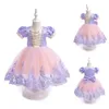 FocusNorm 06Y Princess Kids Girls Party Dress Short Puff Sleeve Lace Tulle Mesh Patchwark Tutu With Bowknot 240326