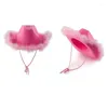 Boll Caps Vintage Cowboy Hat Fluffy Feather Brim Top Pink Cowgirl för Halloween Christmas Festival Parade F3MD