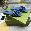 Designer flat heeled square toe slippers, women's blue denim embroidered sandals, summer comfortable vacation shoes, women's simple sandals