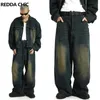 REDDACHiC Jeans larghi da uomo a pieghe lavati verdi di grandi dimensioni Vita regolabile anni '90 Pantaloni larghi Y2k vintage Pantaloni hip-hop Abbigliamento da lavoro casual 240322