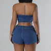 Kvinnors spårningsdräkter streetwear denim Två stycken set kvinnor jeans knapp ärmlös halter backless grödor och shorts kjolar nattklubb