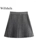 Röcke Frauen Mode graue Falten-A-Linie-Seiten Reißverschluss Minirock Vintage High Taille Female Chic Lady