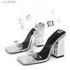 Klänningskor 2024 Square High Heels Women Sandals Fashion Crystal PVC Transparent smalt band Elegant Party Wedding Pumps H240403